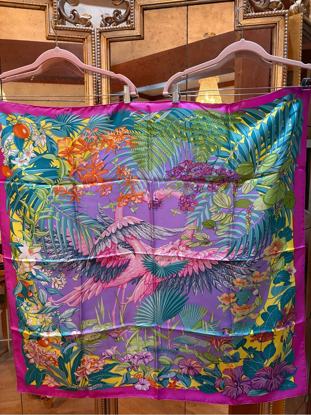 Hermes " Flamingo Party" Miami 90 cm Silk Limited Edition Blue Carre Scarf